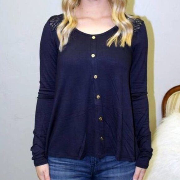 Zenana NWT Medium Dark Navy Blue Long Sleeve Top Gold Buttons Lace Soft Fall - Picture 1 of 6